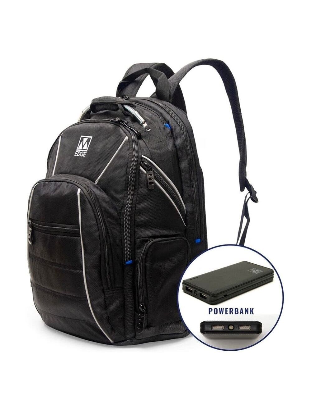 M-EDGE BLACK CARGO BACKPACK WITH RECHARGEABLE BATTERY & 17” LAPTOP POCKET NEW